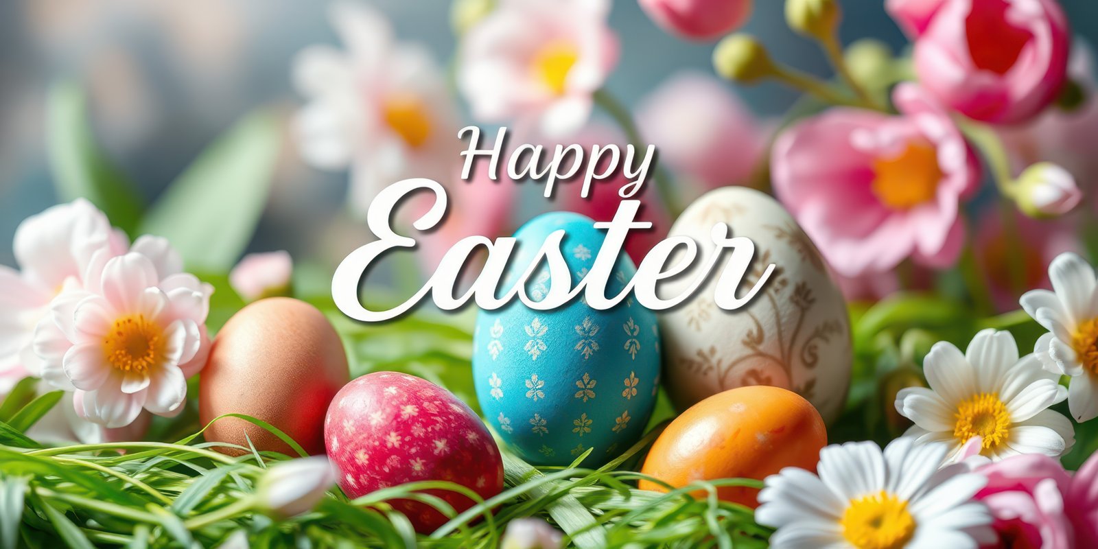 Colorful Easter eggs surrounded by flowers and greenery in a festive spring setting